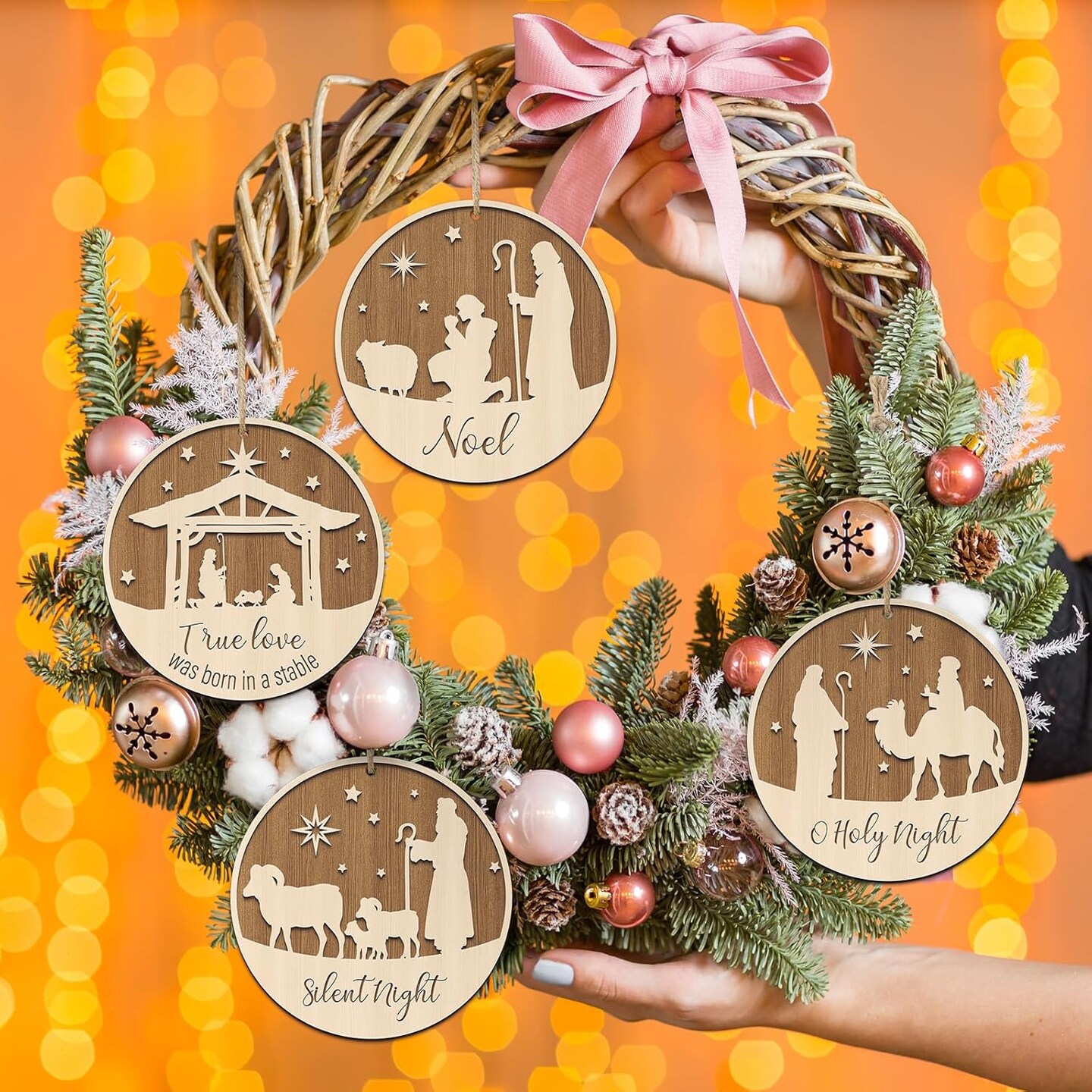 24 Pieces Christmas Nativity Scene Ornaments Round Christmas Hanging Tags Farmhouse The Birth of Jesus Christmas Tree Decorations Religious Gift for Family Home Xmas Decor