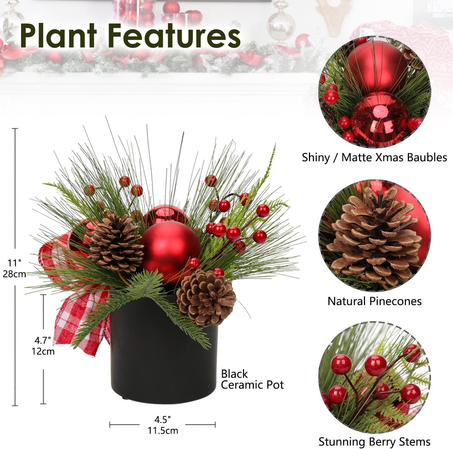 Potted with Pinecones Berries and Red Xmas Ball Ribbon Christmas Arrangements Centerpieces Ornaments in 4.7&#x27;&#x27; Black Ceramic Pot for Home Indoor Table