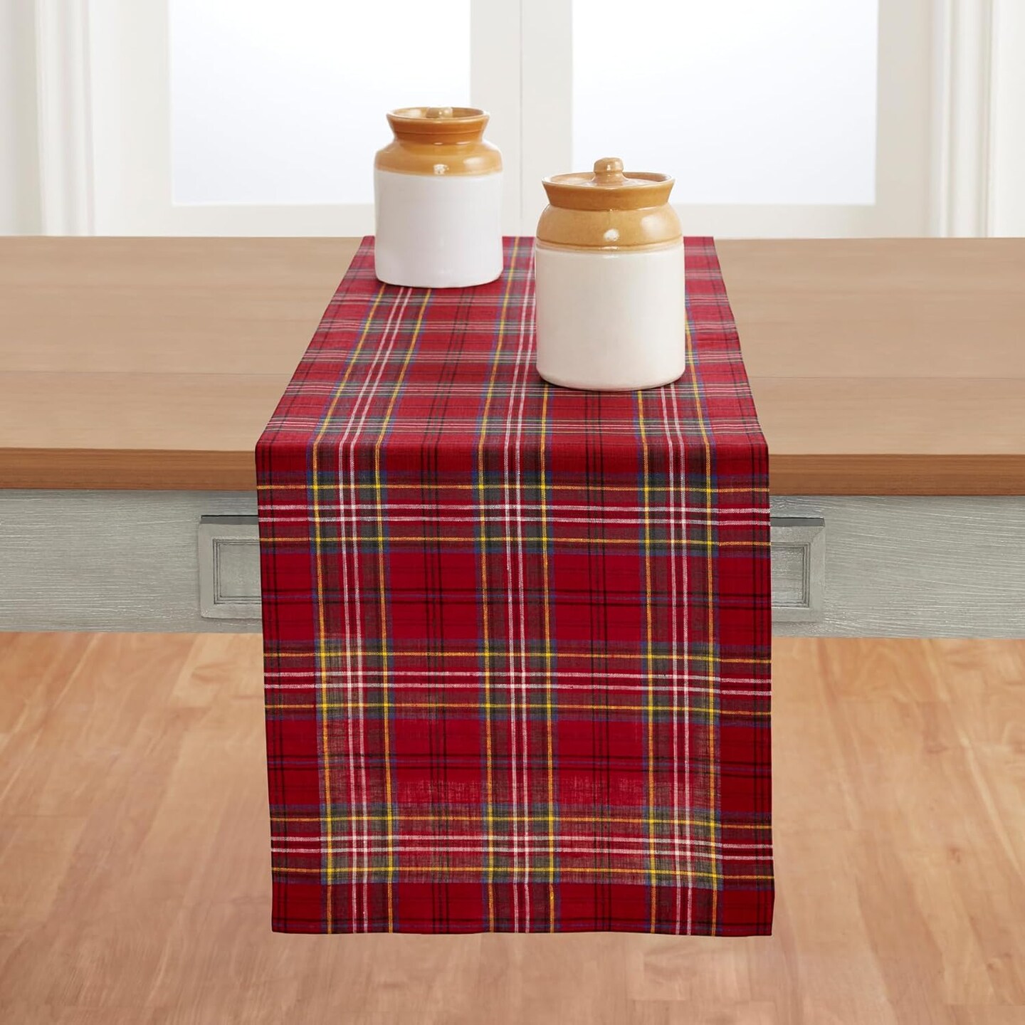 Christmas Table Runner 108 inches Long – 100% Pure Linen Red Classic Tartan Plaid Table Runner 14 x 108 Inch – Machine Washable Table Runner