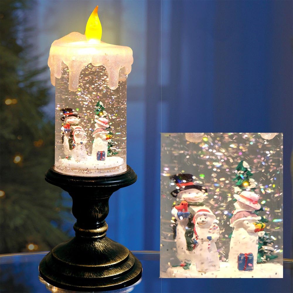 Christmas Snow Globe Candle Battery Operated Lighted Flameless Candles Light Swirling Water Glittering Spinning Candles for Home Decoration(Snowmen Family)