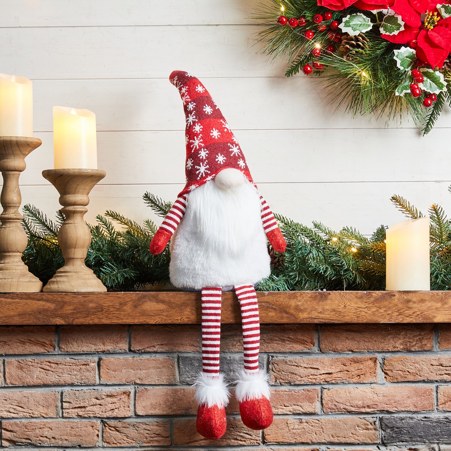 Set of 2 28&#x22;H Fabric Christmas Gnome Shelf Sitter with Dangling Legs