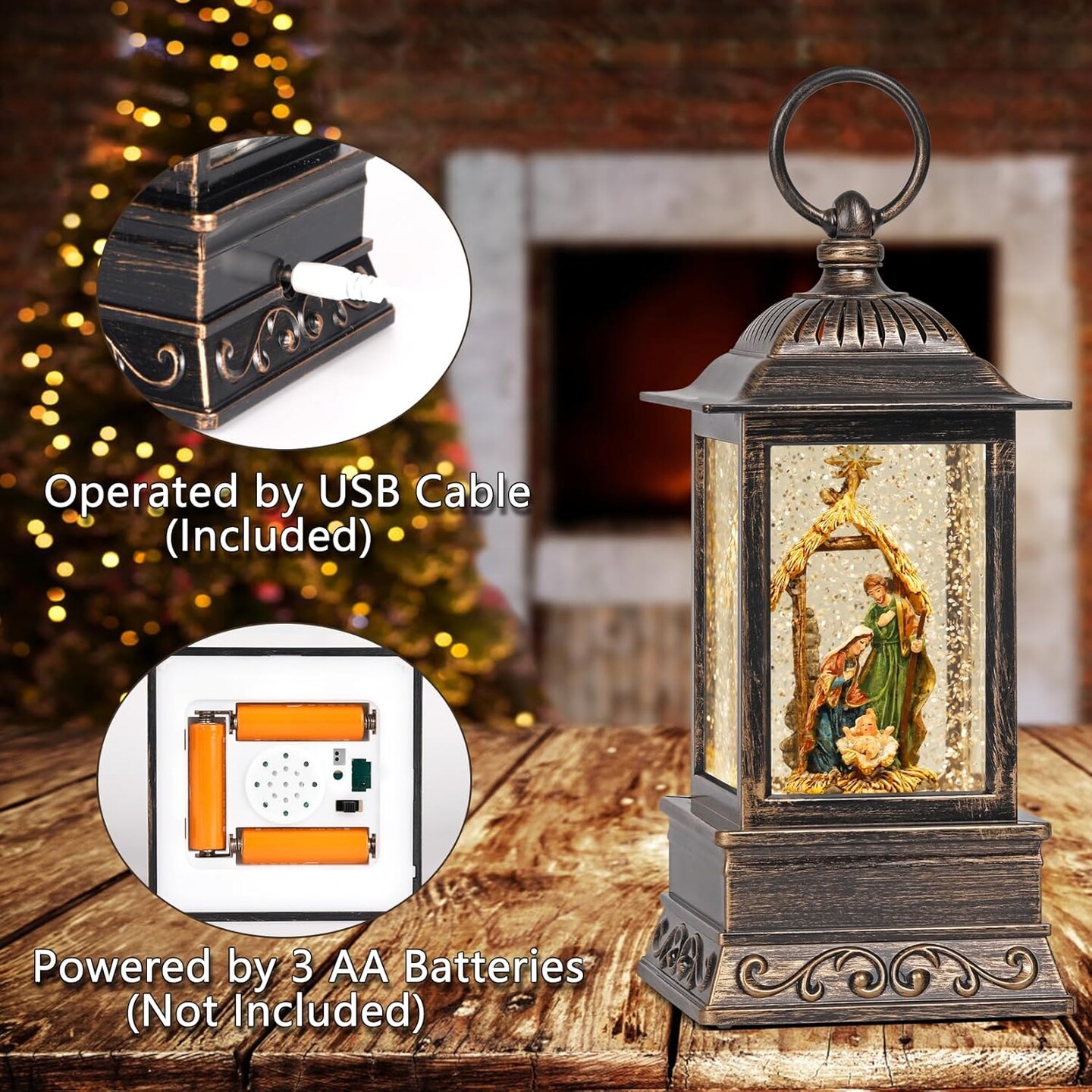 Christmas Nativity Snow Globe, Musical Lighted Glitter Christmas Snow Globes, Christmas Decorations USB and Battery Operated Lantern with Music, Christmas Decor for Home