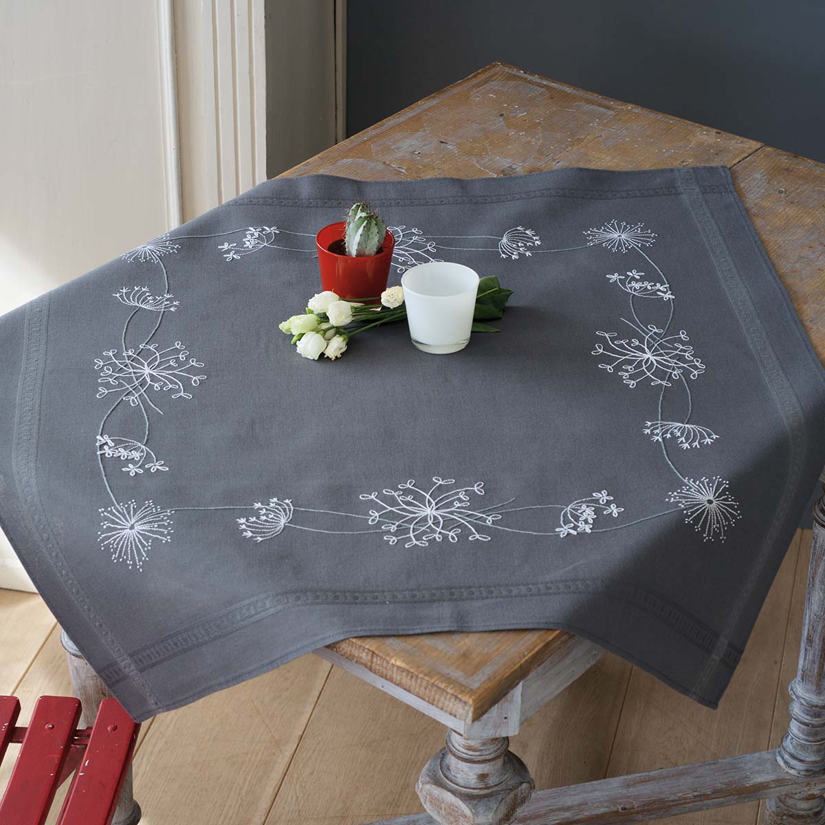 Vervaco  White Flowers Tablecloth Stamped Embroidery Kit