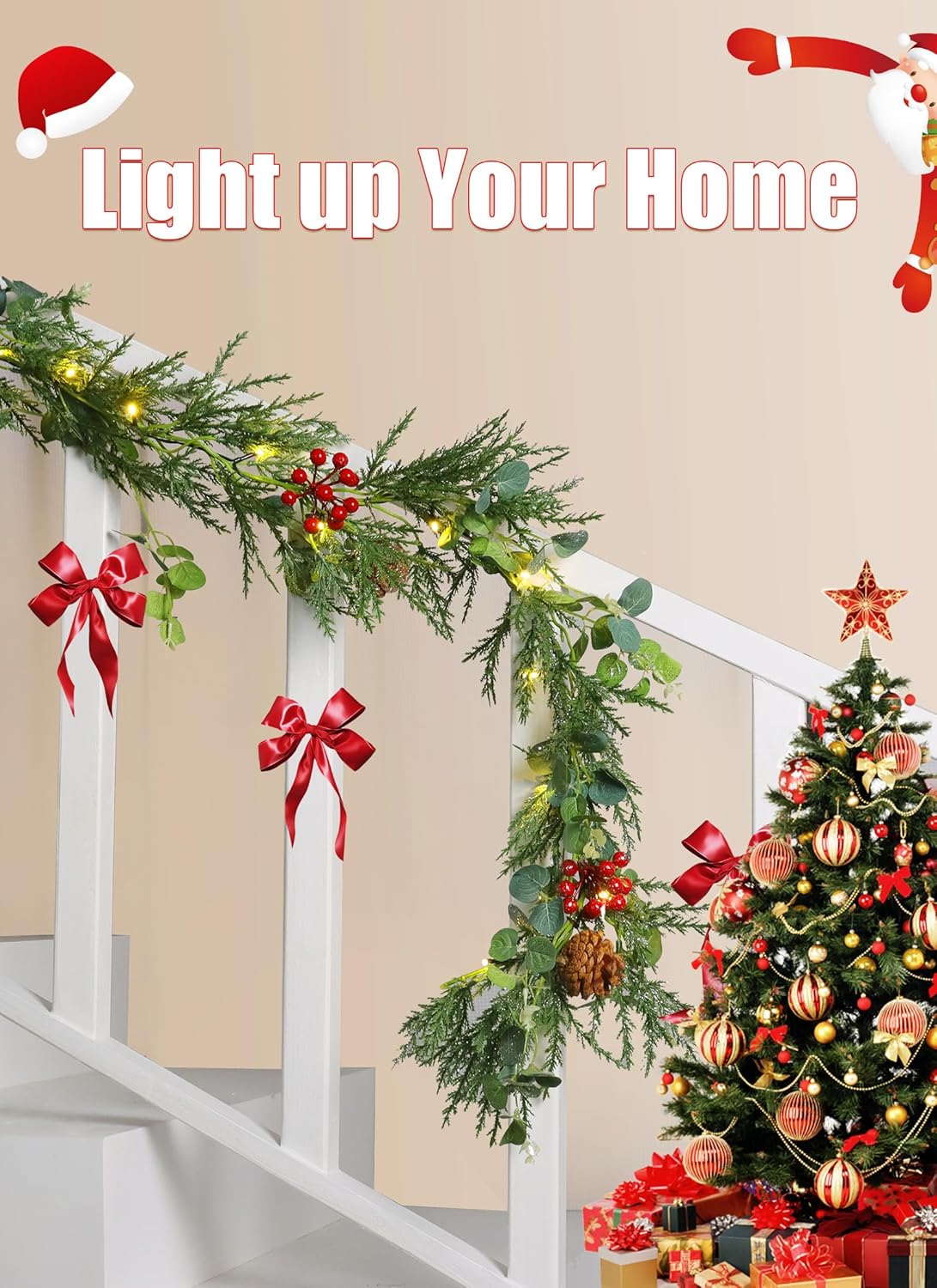 6 Feet 20 LED Battery Operated Christmas Lights with Pine Cones, Berry, Eucalyptus Leaves, Indoor Christmas Decorations for Stairs, Fireplace, Door