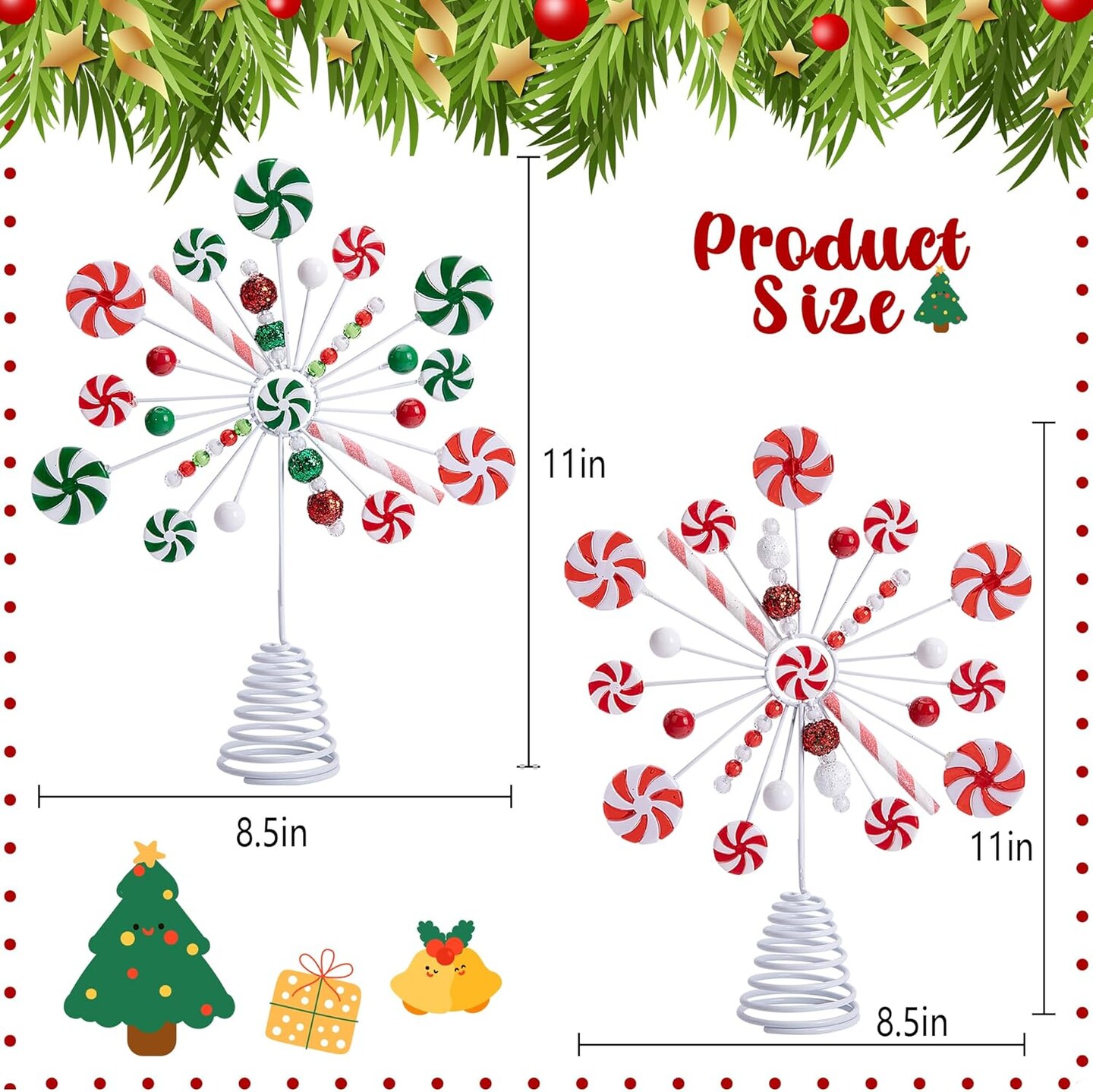 2PCS Candy Snowflake Tree Topper - Peppermint Candy Cane Christmas Tree Top Decorations - Christmas Candy Tree Topper for Xmas Holiday Party Gift D&#xE9;cor