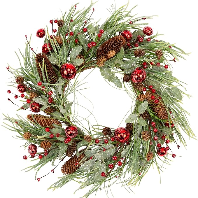 20 Inch Artificial Christmas Wreath for Front Door Winter Wreath with Red Jingle Bells and Berries Door Wreath with Pinecones and Pine Needles for Glitter Christmas Decorations