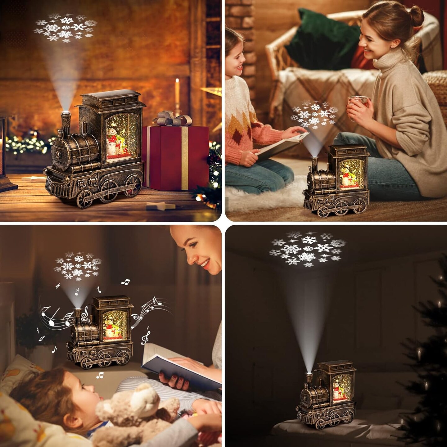 Christmas Snow Globes, Musical Snow Globe Lantern with Snowflake Projection, Vintage Train Snow Globe with Snowman LED Water Swirling Glitter with 6H Timer for Home Decoration, Black Gold