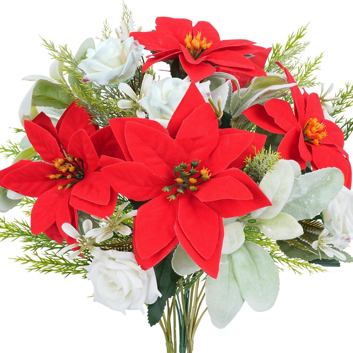 Poinsettia Bouquets Cemetery Flowers for Grave Christmas Winter Floral Arrangement with Faux Pine Needles for Home Dinging Kitchen Xmas Table Decor