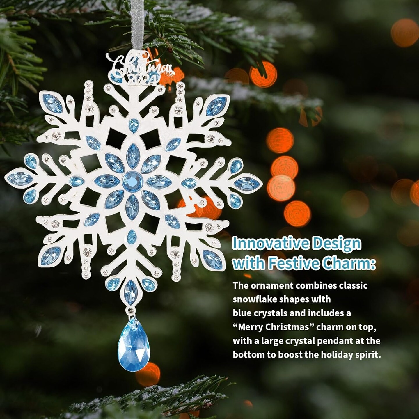 Snowflake Christmas Tree Ornaments, Metal Snowflake Hanging Ornament for Tree with Decorative Blue Crystals Christmas 2024 Engraved for Winter Xmas Tree Snowflake Keepsake Gifts Holiday Decoration