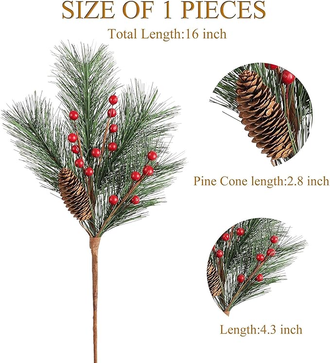 Artificial Red Berry Pine Branches Stems for Christmas Floral Arrangement Wreaths DIY Christmas Tree Holiday Decorations