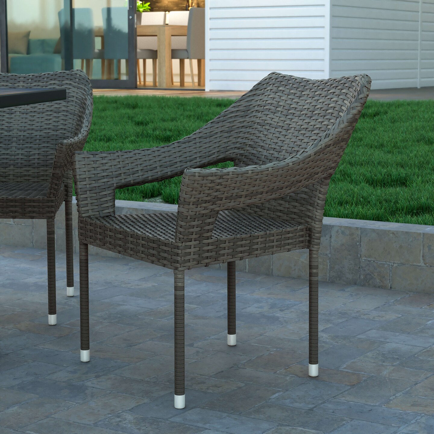 Emma and Oliver Embry All-Weather Indoor/Outdoor Stacking Patio Dining Chairs with Steel Frame and Weather Resistant PE Rattan