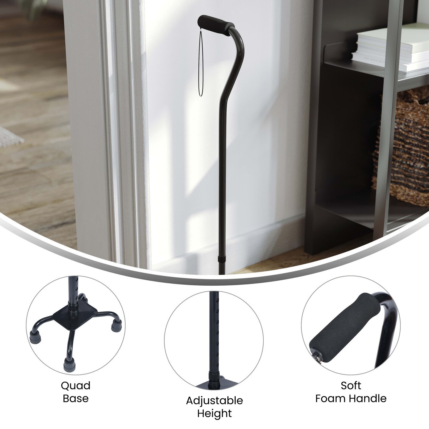 Emma and Oliver Ramsey Height Adjustable Quad Cane with Foam-Padded Handle for Comfortable Grip and Stable, Four-Pronged Base for Left or Right-Handed Users
