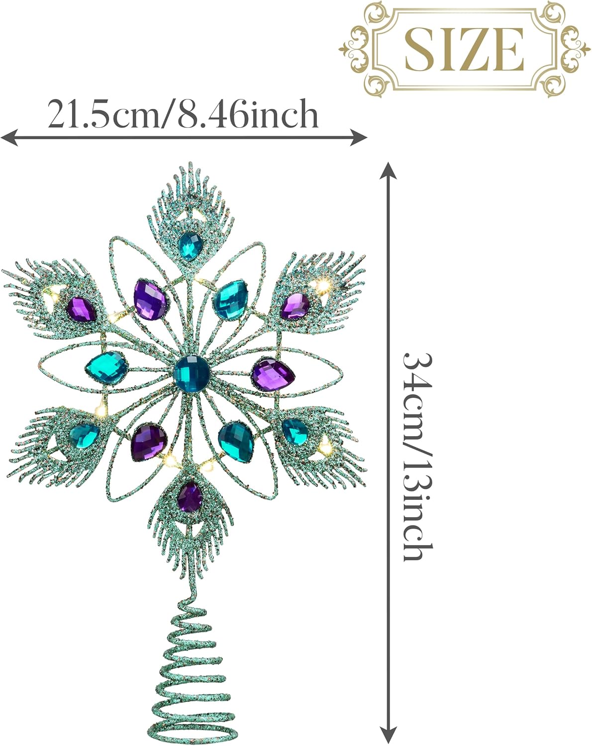 Lighted Christmas Tree Topper Star with Timer for Tree Decorations, 13 Inch Blue and Silver Metal Star Tree Topper Snowflake Peacock Feather Jewel with Lights for Home Party Gift Indoor