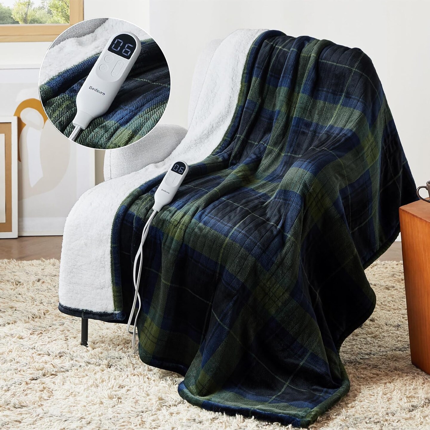 Plaid Heated Throw Blanket - Soft Flannel Sherpa Electric Blanket with Christmas Green Plaid Pattern, Heating Blanket with 6 Heating Levels, 4 Time Settings, 3-Hour Auto-Off (50x60 inches)