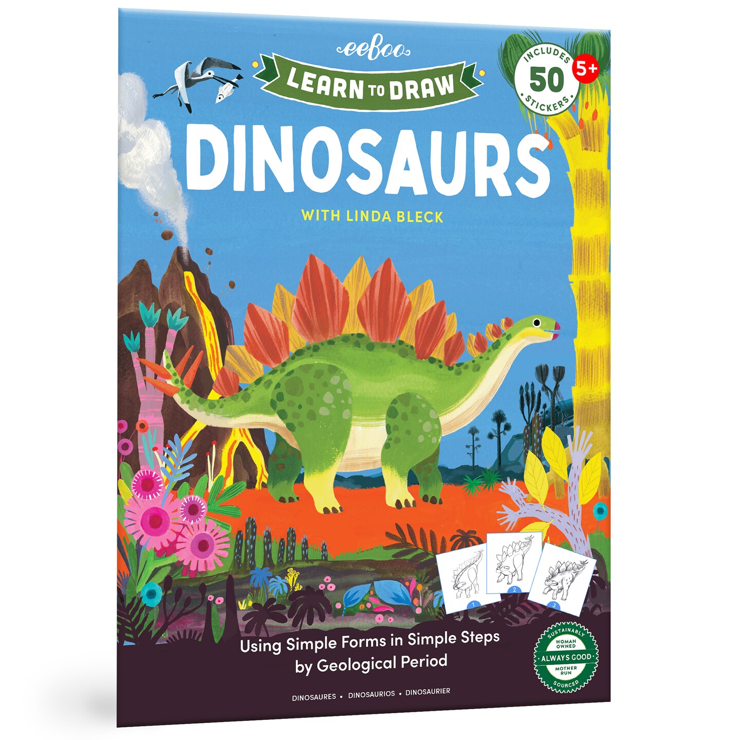 eeBoo: Learn to Draw - Dinosaurs - Drawing Guidebook, 50+ Stickers, Themed Step-By-Step Lessons, Simple Forms In Simple Steps, Kids Ages 5+
