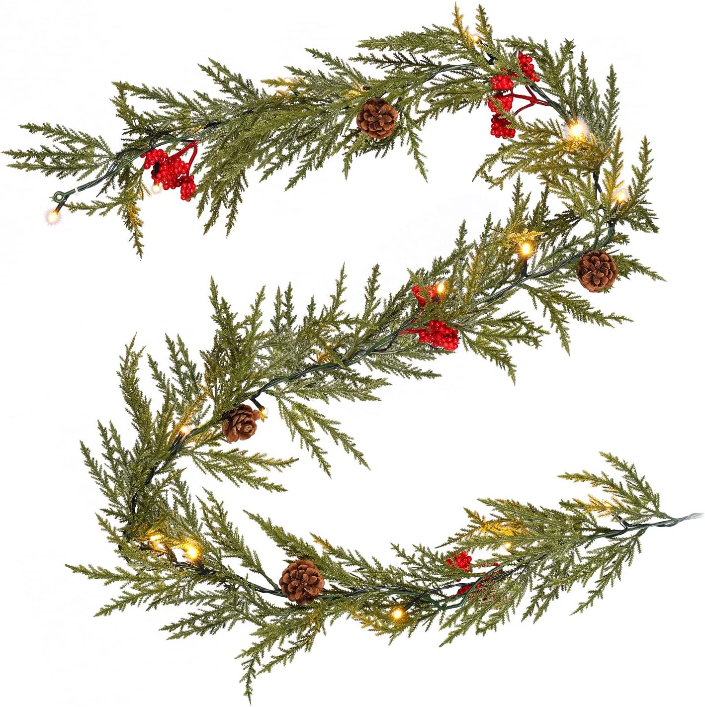 6 FT Battery Operated Artificial Greenery Garland with Timer, 20 LEDs, Pine Cones and Red Berries for Mantle, Front Door, Stairs Railing Decoration (1 Pack)