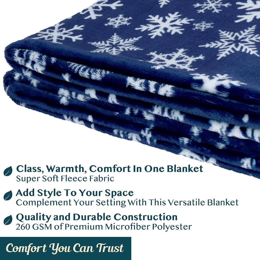 Christmas Throw Blanket | Navy Snowflake Christmas Fleece Blanket | Soft, Plush, Warm Winter Cabin Throw, 50x60 (Navy/White Snowflake)
