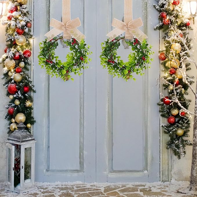 2Pcs Mini Christmas Wreaths Cabinet Wreaths Small Green Hanging Wreath Christmas Ornament for Cabinets Winter Holiday Home Outdoor Indoor Window Christmas Tree Crafts Decorations 25 x 10 Inch
