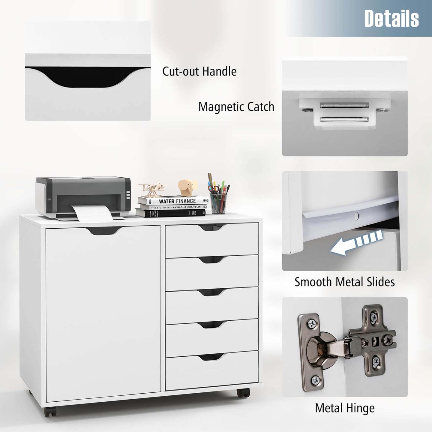 Costway 5-Drawer Chest Rolling Storage Dresser Lateral File Cabinet with Adjustable Shelf