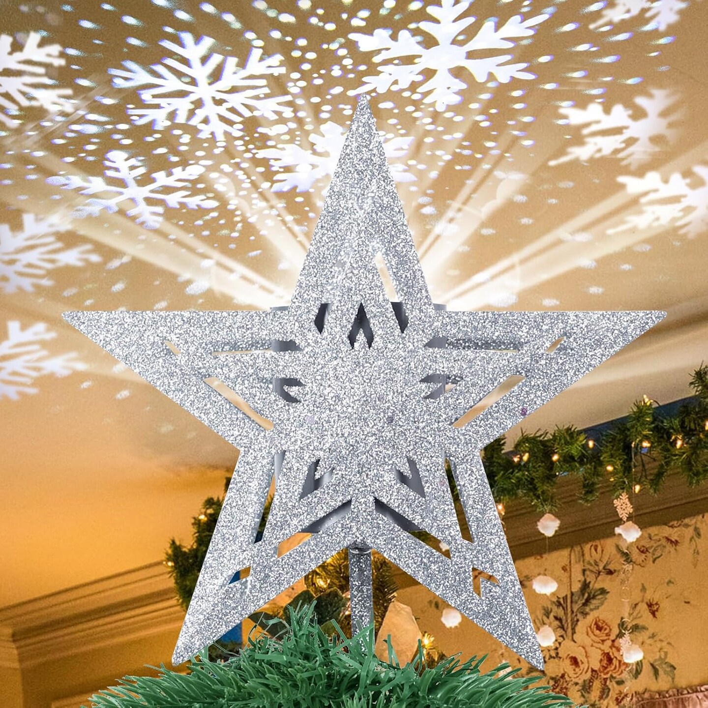 hogardeck Christmas Tree Topper, 3D Silver 5-Pointed Star Tree Topper Lighted with Hollow Glitter Projector for Christmas Treetop, LED Snowflake Tree Topper for Christmas Tree Decorations
