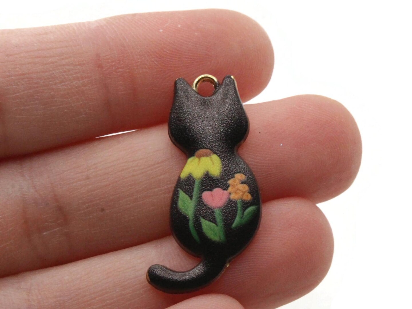 30mm Black Cat with Multicolor Flowers Enamel and Gold Tone Pendant