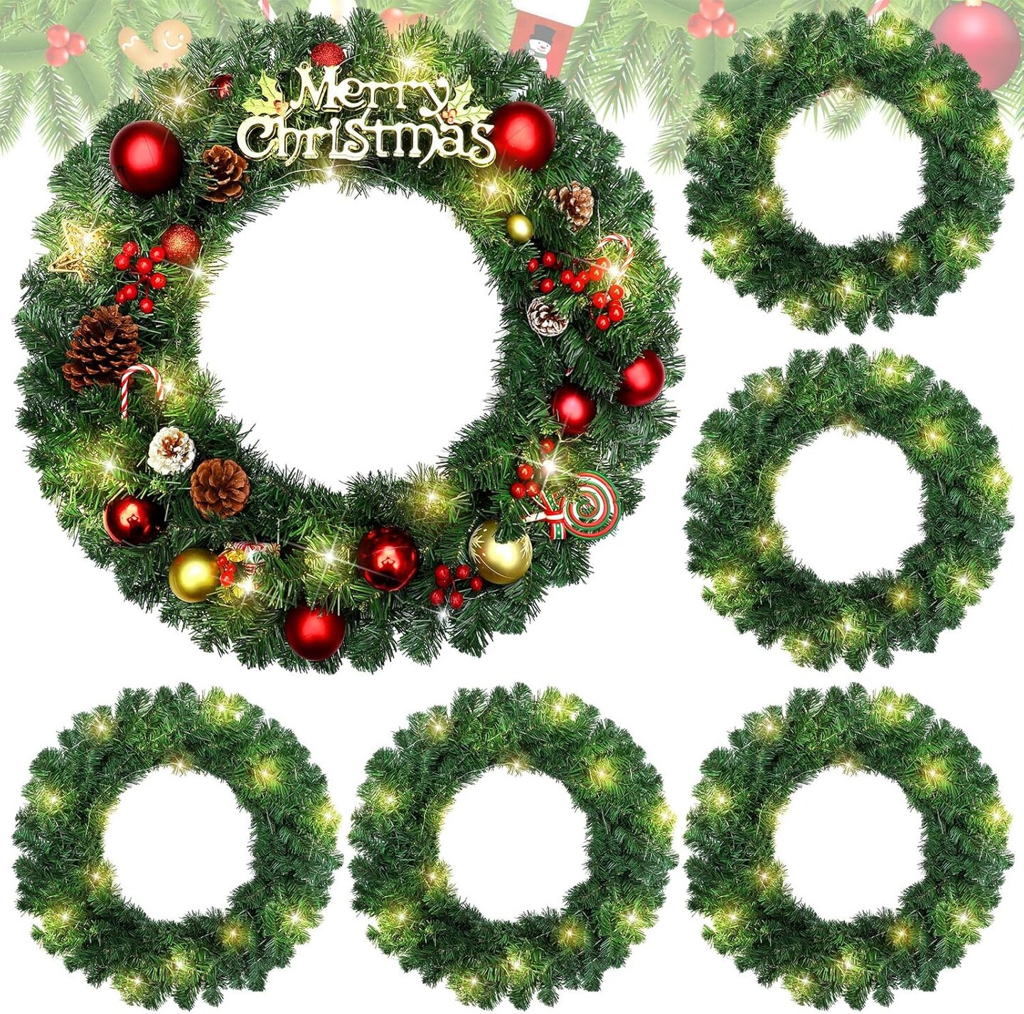 6 Pcs 24 Inch Pre Lit Christmas Wreath with Lights Large Artificial LED ...