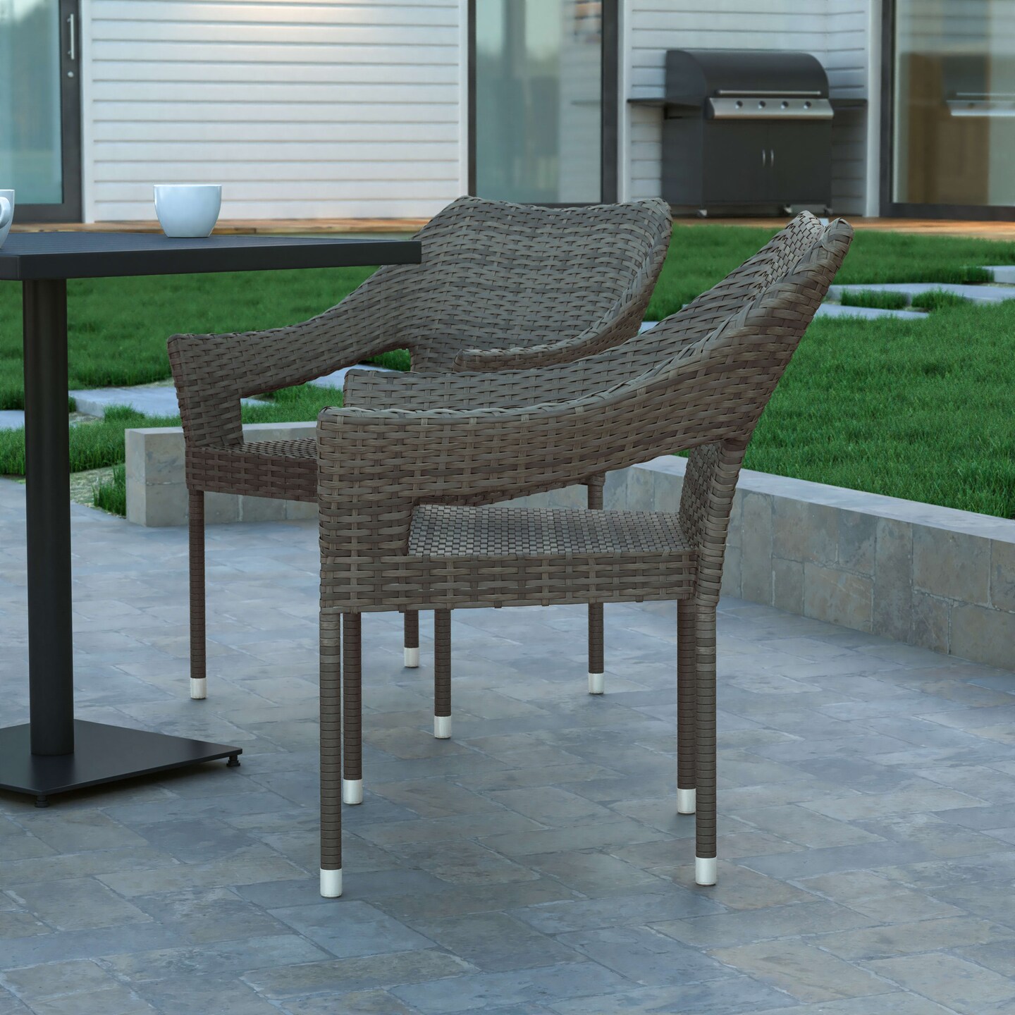 Emma and Oliver Embry All-Weather Indoor/Outdoor Stacking Patio Dining Chairs with Steel Frame and Weather Resistant PE Rattan