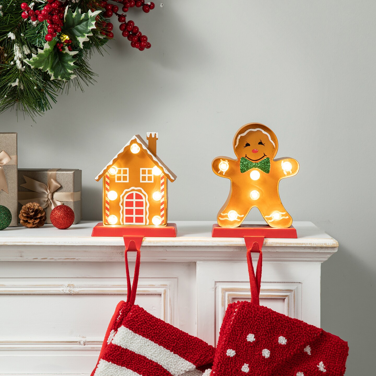 Set of 2 Marquee LED Gingerbread House & Gingerbread Man Christmas Stocking Holder