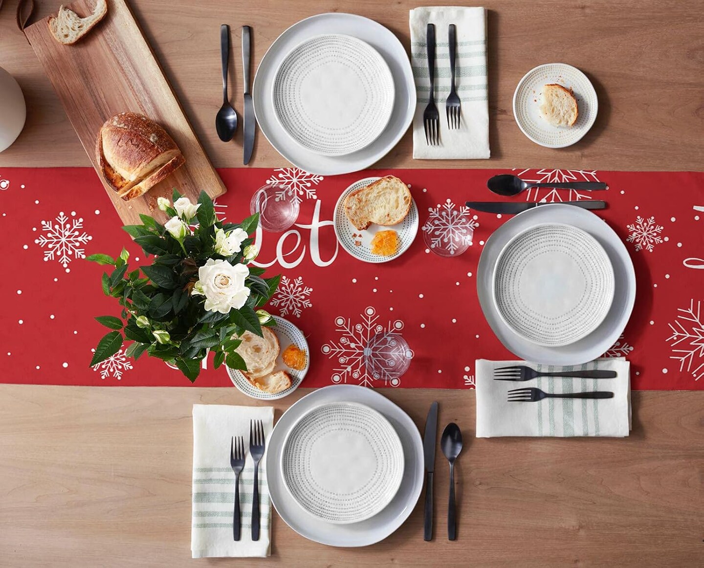 Christmas Table Runner-Cotton Linen-Let it Snow Dinner Scarf D&#xE9;cor,Long 72 Inch Holiday Winter snowflake Dresser Scarves,Farmhouse Xmas Kitchen Coffee/Dining Home Living Room Tablerunner,Red white