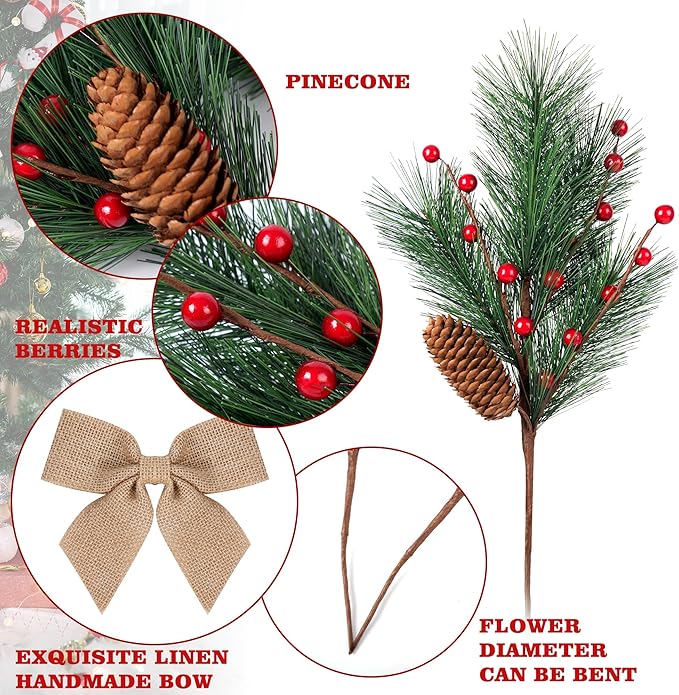 Berry Pine Branches with Bow for Wreath DIY Faux Pinecone Craft Floral Arrangement Holiday Season Table Centerpieces and Xmas Tree Decor No Vase