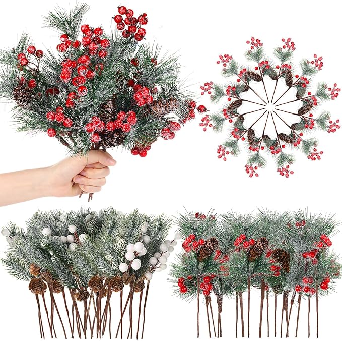 Artificial Pine Branches with Snow Spray Red Berry Stems Pine Needles Faux Pine Picks Snow Floral Pine Cones for DIY Crafts Christmas Tree Garland Wreath Holiday Decor