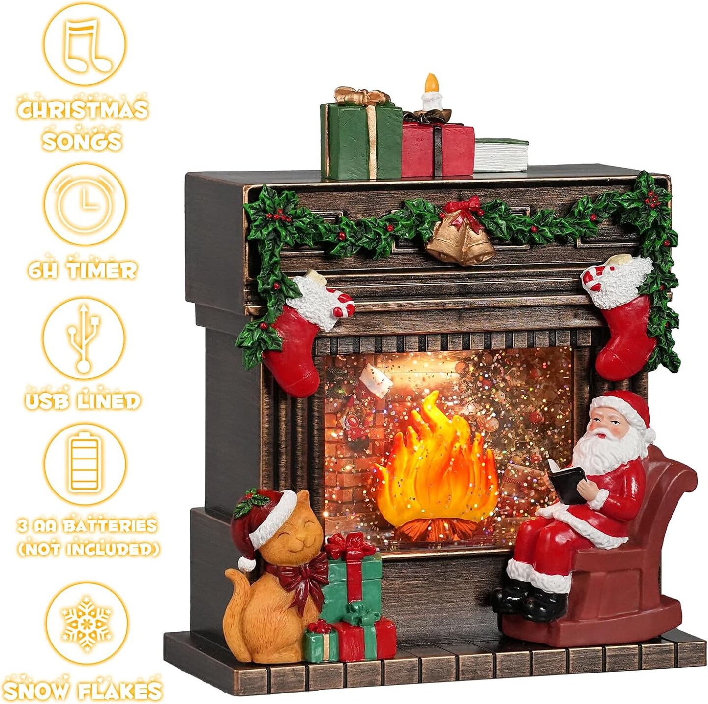 Christmas Snow Globes with 6H Timer, Lighted Musical Snow Globe Santa Claus Fireplaces Lantern with Swirling Glitter, USB &#x26; Battery Operated Spinning Glitter Snow Globe Christmas Decorations Gifts