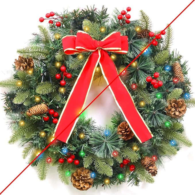 Dual Color Change &#x26; 8 Modes &#x26; Timer 16 Inch Prelit Christmas Wreath with 30 Warm White &#x26; Colored Lights Pinecones Berried Red Bow Xmas Norfolk Pine Wreath Christmas Wreaths for Front Door Wall Window