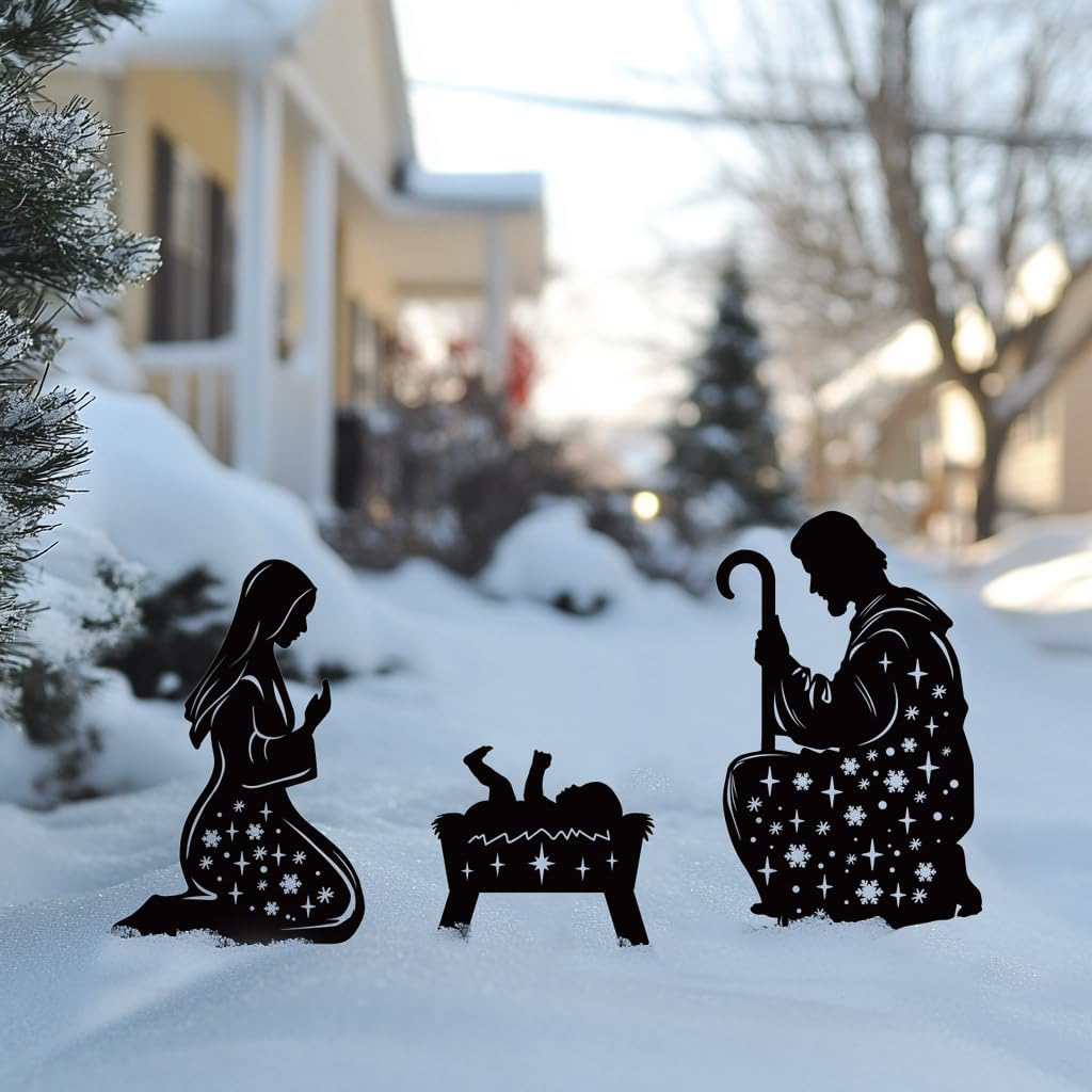 Metal Nativity Scene Outdoor Christmas Decorations, 17&#x201D; Nativity Silhouette Outdoor Nativity Scene Set, Weather Resistant Outside Nativity Scene Outdoor Yard Stakes for Yard Lawn Garden Pathway