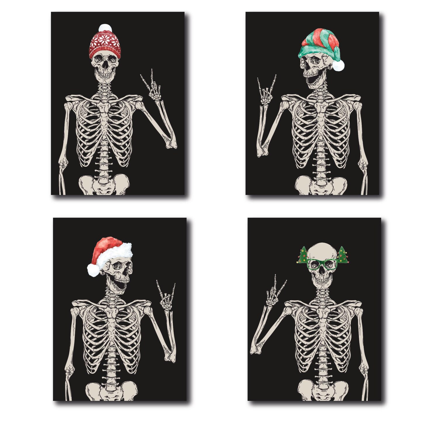 Skeleton Christmas Greeting Cards - 24-Pack Holiday Note Cards with 4 Unique Skeleton Designs in Festive Hats, Blank Inside for Merry Christmas &#x26; Happy Holiday Messages, Fun and Alternative Seasonal Stationery Set