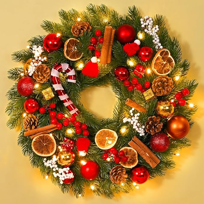 18in Christmas Wreath, Pre-Lit Christmas Wreaths for Front Door Lighted Christmas Door Wreath with Candy Balls Pine Nuts Lemon Slices Berries 40 Lights 8 Modes, Porch Mantle Window Decor