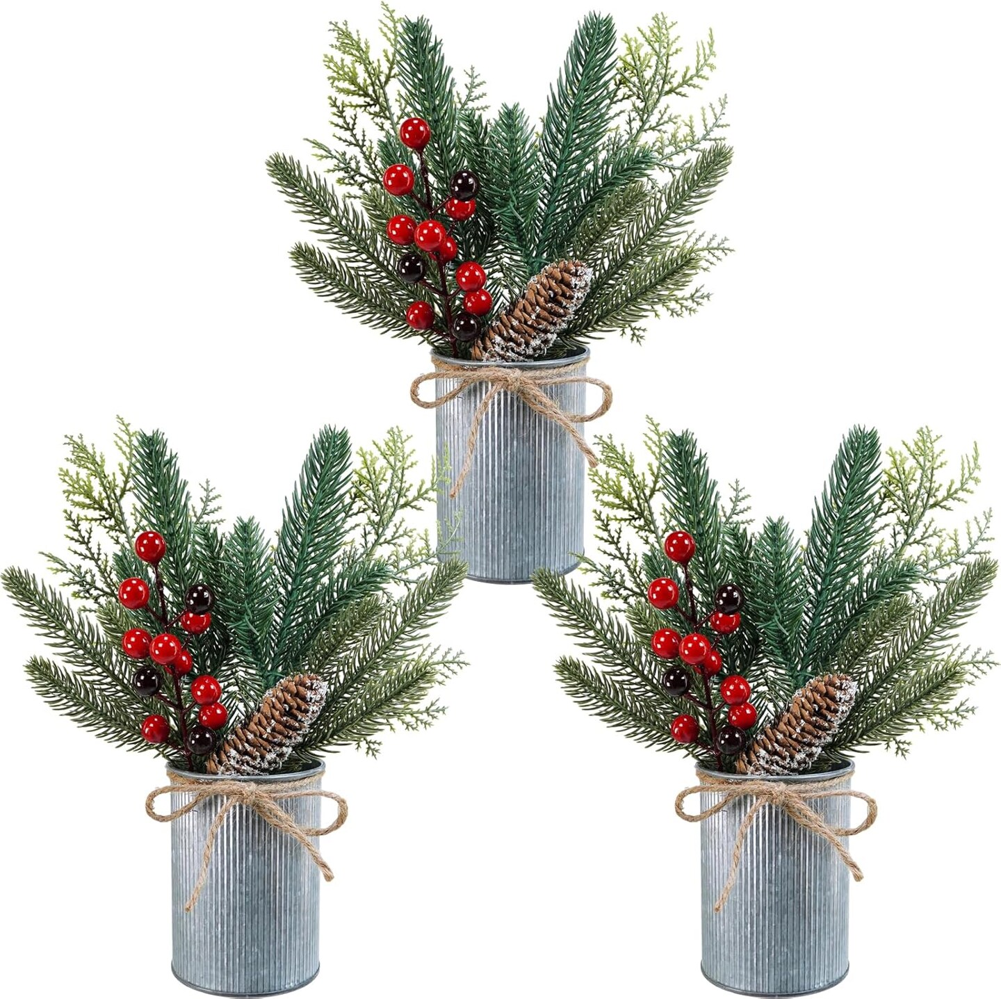 3 Pack Christmas Artificial Potted Plants Christmas Greenery Red Berry and Snowy Pinecone in Small Rustic Galvanized Metal Pot Farmhouse Centerpiece for Holiday Winter Home Tiered Tray Tabletop