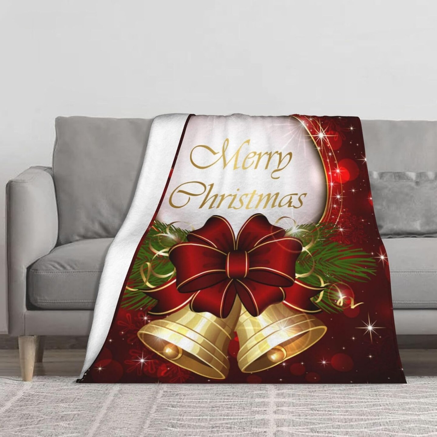 Throw Blanket Merry Christmas Bell Snowflake Bed 50 X 60 Inch Soft Lightweight Fluffy Warm for Sofa Couch All Seasons Cozy Cover Quilt