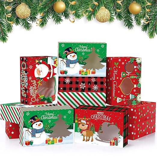 28 Pcs Christmas Cookie Boxes Merry Christmas Bakery Box with Window Xmas Buffalo Plaid Treat Box with Lid Snowman Santa Reindeer Gift Box for Xmas Holiday Party Gift Giving Supplies Decor