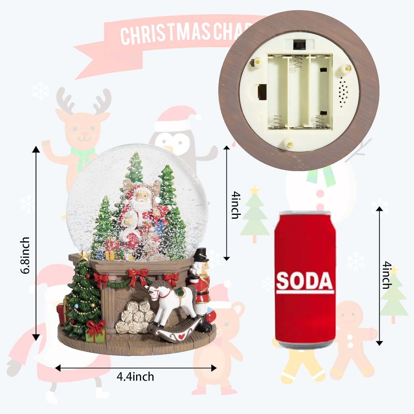 Christmas Snow Globes Santa Tree - Musical Snow Globe with 8 Songs Santa Clause Walnut Soldier Trojan Horse Color Changing Musical Box for Christmas Home Décor