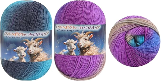 3pk Rainbow Mohair Multicolor Wool Yarn 90% Wool 10% Acrylic by Sunny Cat for Knitting and Crochet (213 Velvet Dawn)