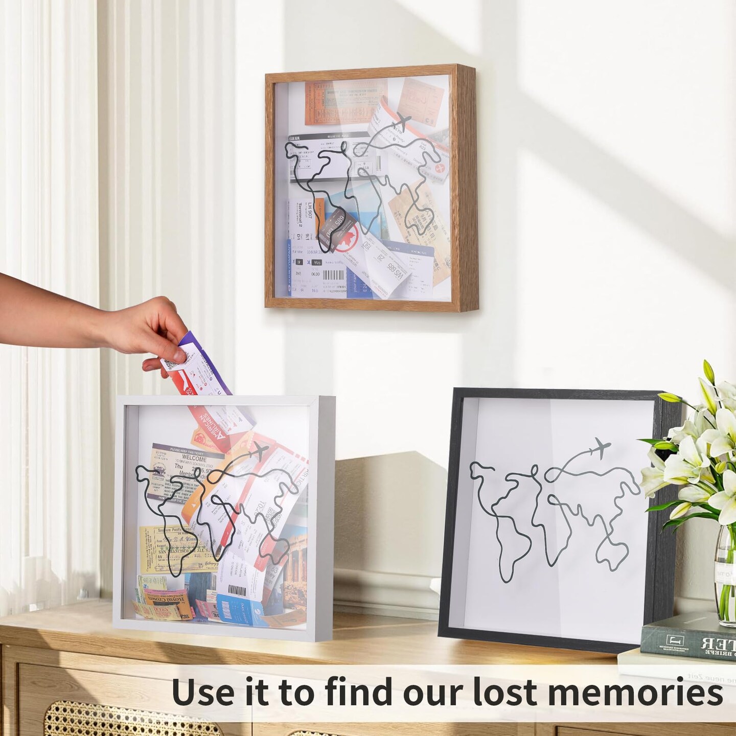 Travel Adventure Archive Shadow Box For Memories,8&#x26;12Inch Concert Travel Ticket Stub Memory Top Loading Shadow Keepsake Box With Slot On Top,life In a Shadow Box Travel Gift Frame (White, 8x8)