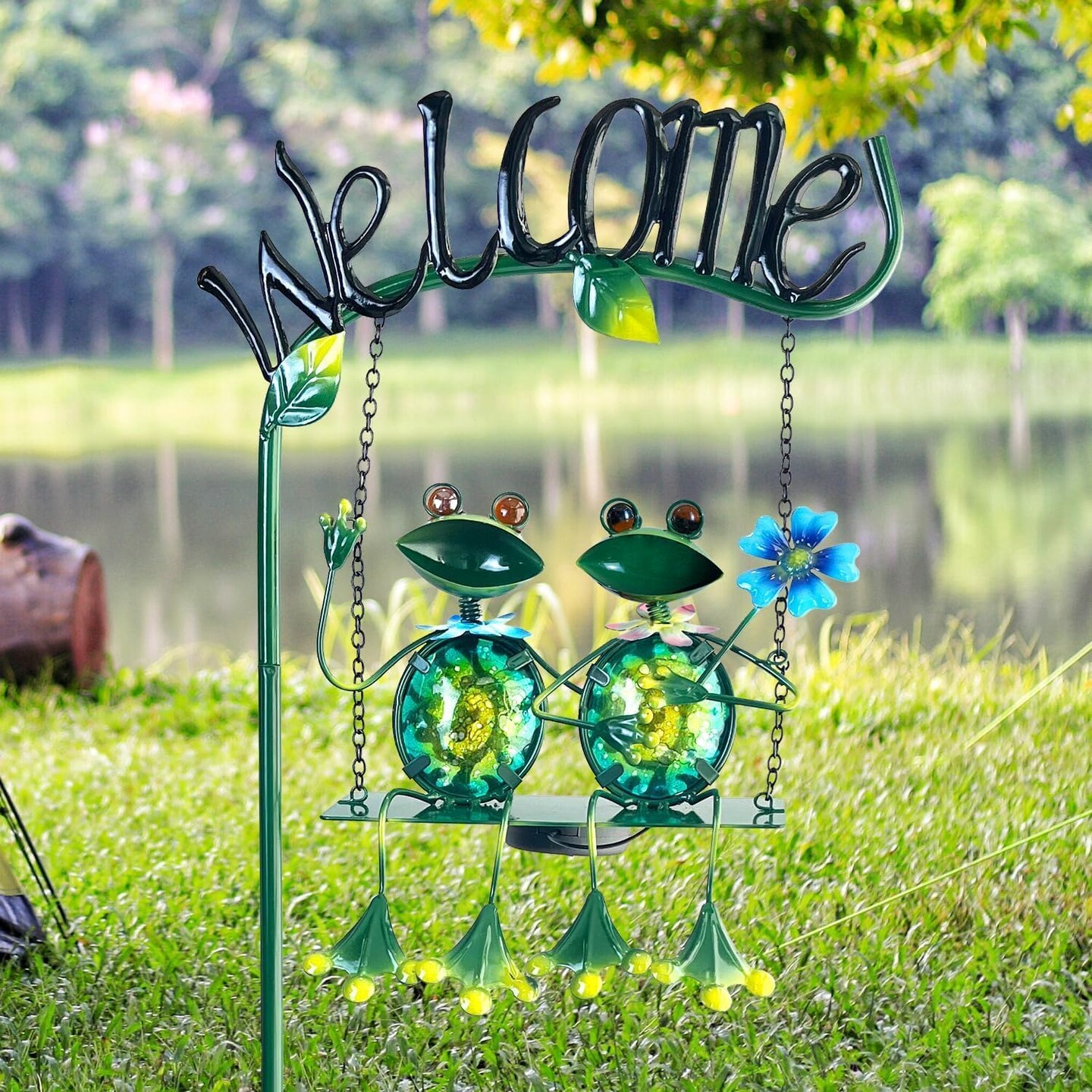 Outdoor Garden Solar Lights,Frog Swing Garden Decor,Frog Decorative Stake with Welcome Sign for Landscape Patio Yard (48 inch)