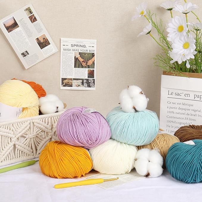 20 Skeins Cotton Yarn for Crocheting Knitting- Sport Weight Yarn 55% Cotton 45% Acrylic Yarn-Crochet Cotton Yarn w/Basic Instructions-Milk Cotton Yarn-Soft Knitting Yarn