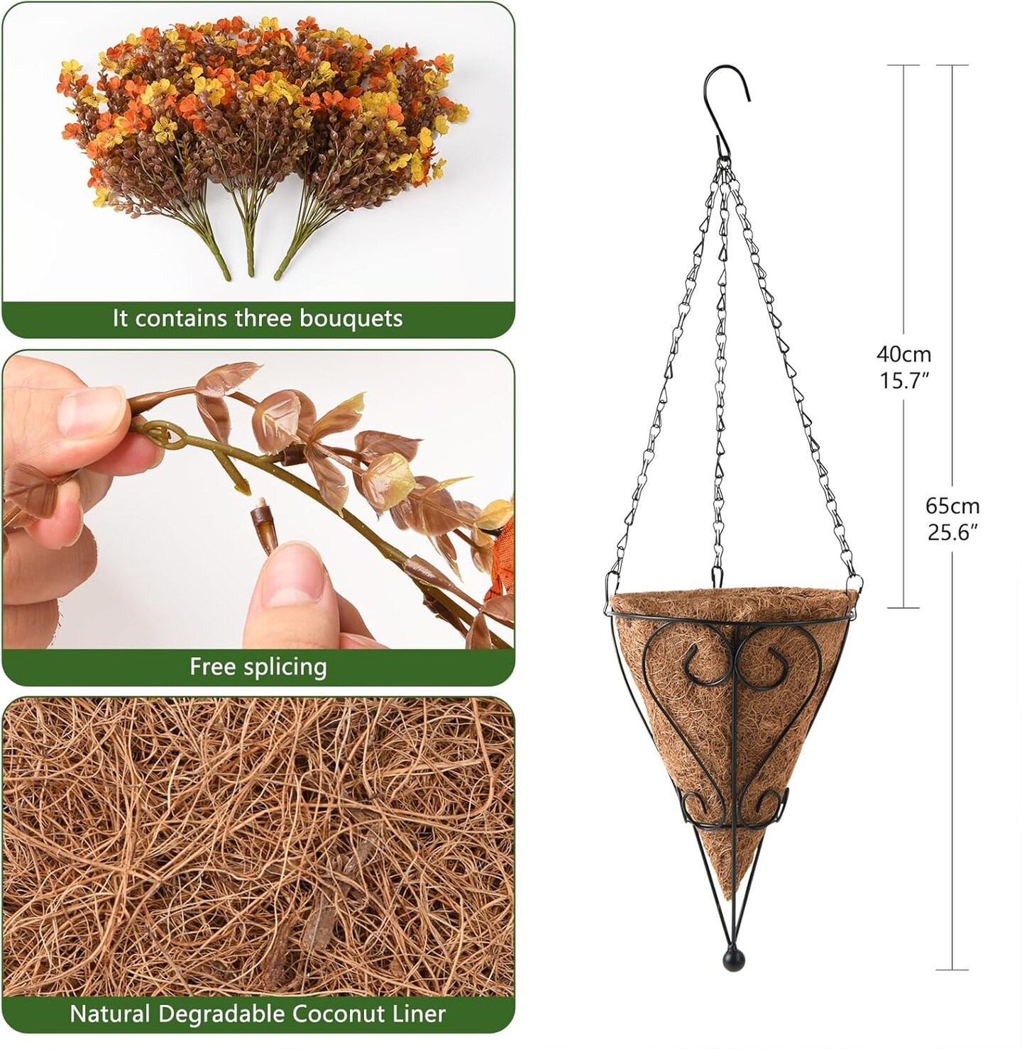 Artificial Faux Hanging Plants Flowers Basket for Outdoor Spring Decoration,Fake Silk Orange Mums planters UV Resistant Look Real for Home Porch Patio Balcony Yard Outside Summer Decor (Orange Yellow)