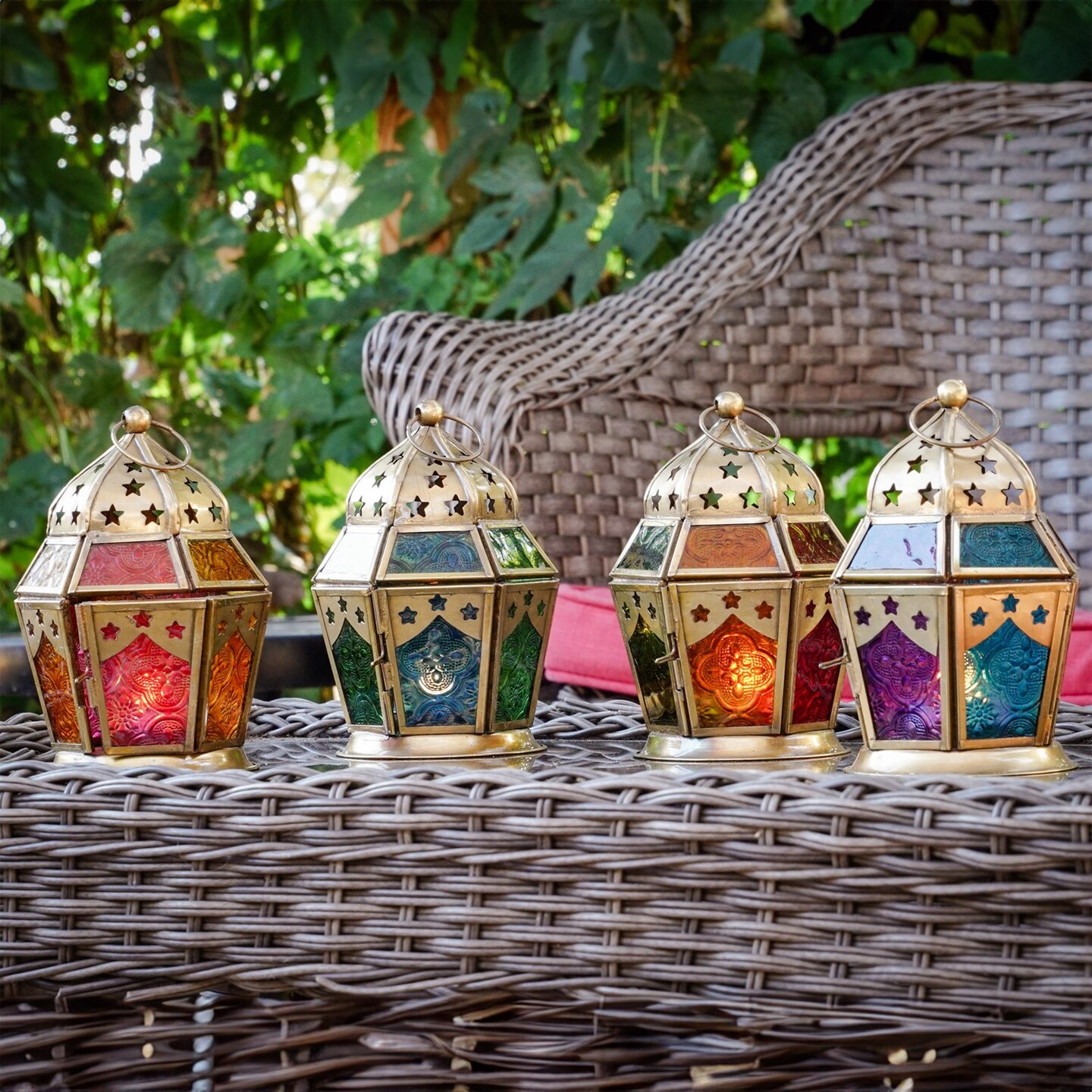 In the Breeze 9211 — Red, Yellow & Green Hex Tealight Lantern — Moroccan-Style Boho Chic Tealight Glass and Metal Tabletop Lantern