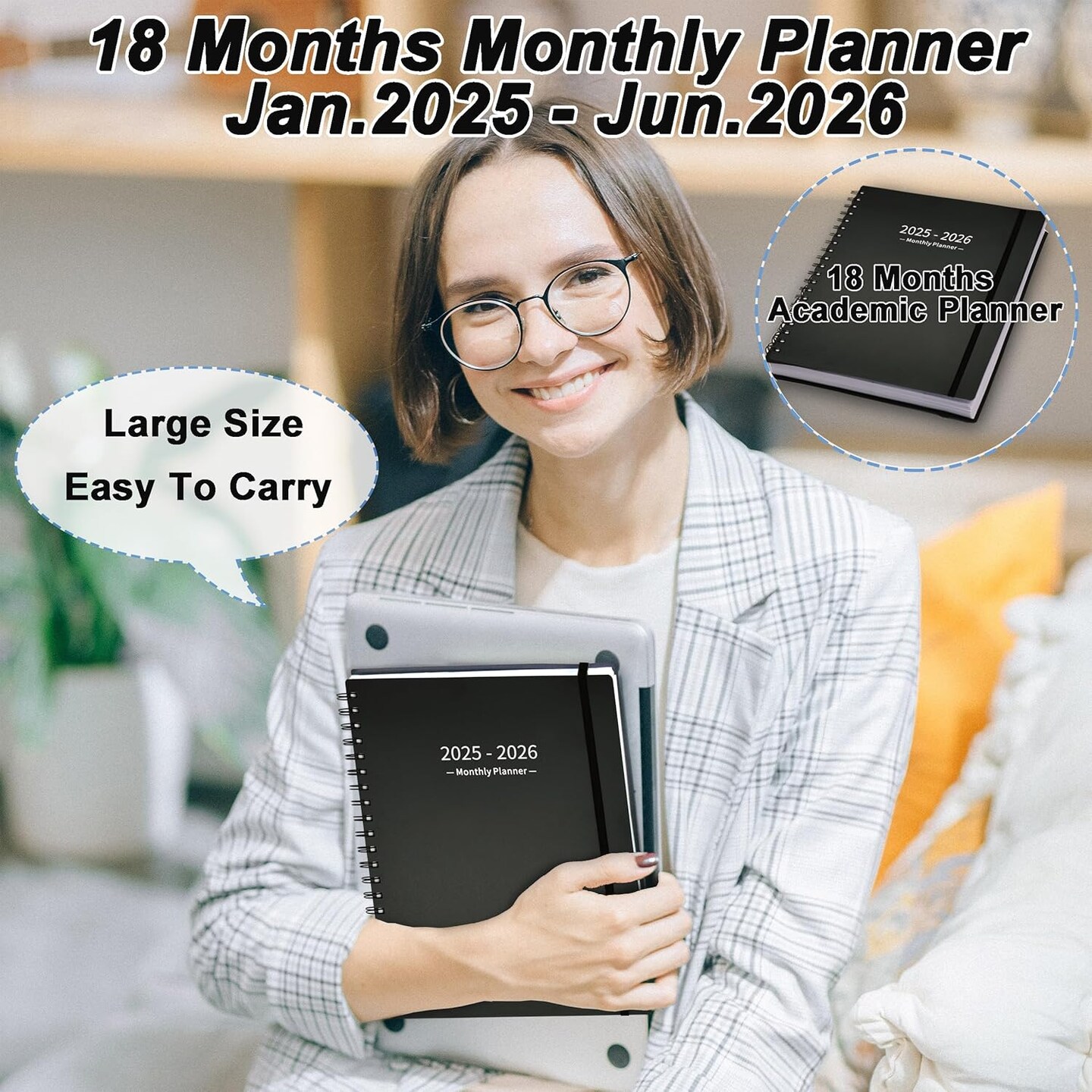 Monthly Planner 2025-2026 (7.4'' x 9.6''), 2025 Calendar 18 Months Planner from Jan 2025-Jun 2026, Academic Planner with Monthly Tabs & Pocket, Perfect for School & Work, 120GSM Thick Paper, Black
