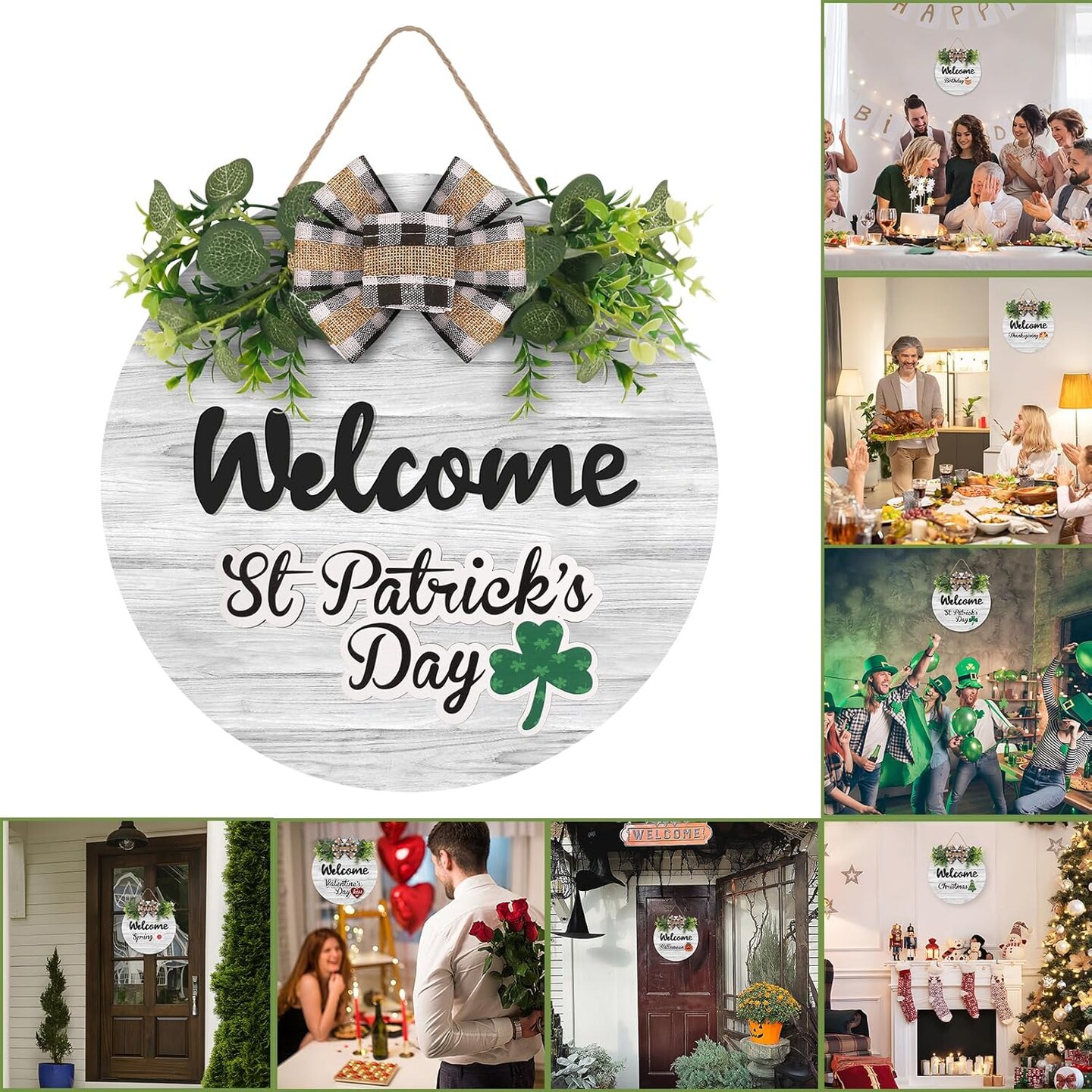Interchangeable Wooden Seasonal White Welcome Sign, Rustic Welcome Front Door Wreaths
