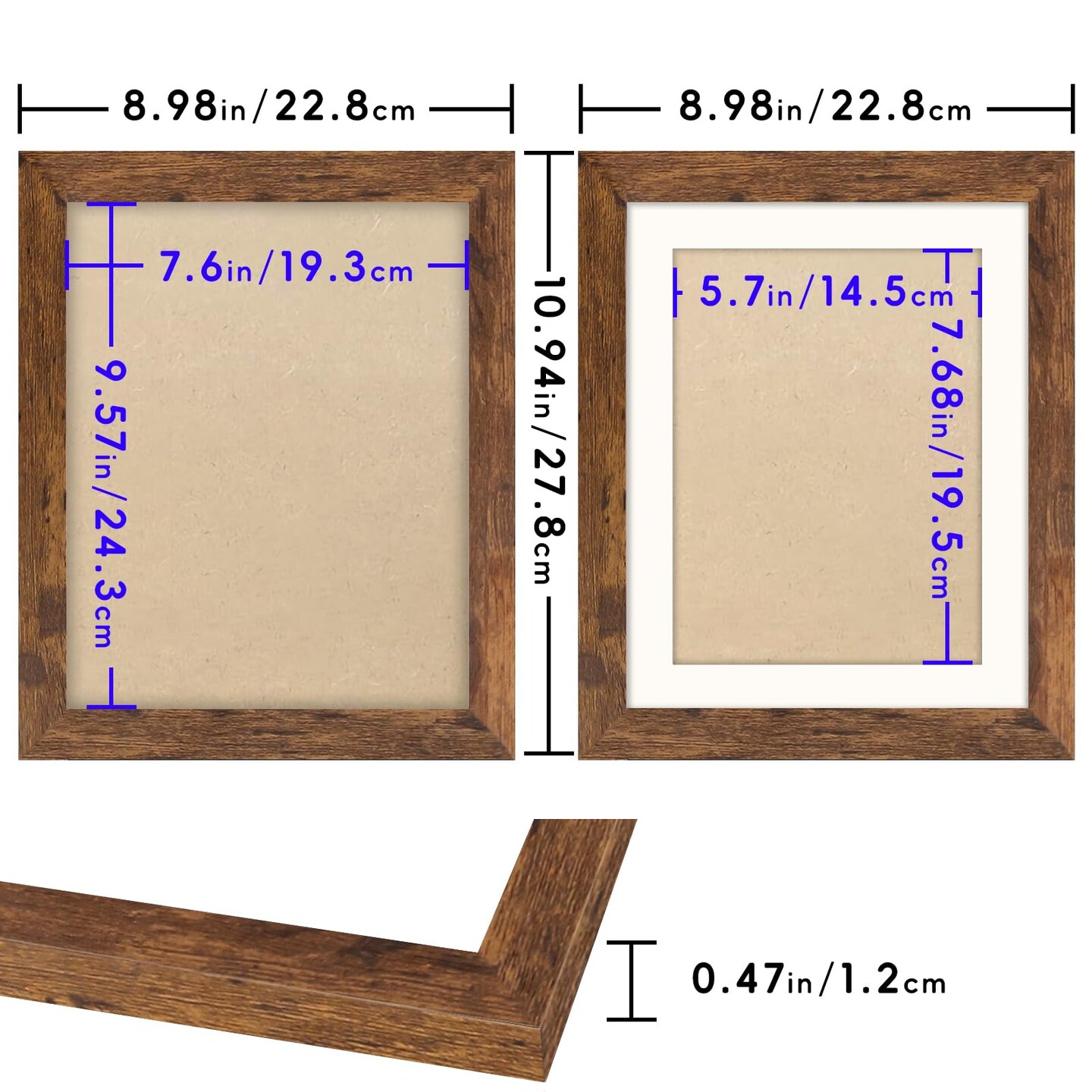 Brown 8x10 Picture Frame with Mat for 6x8 Display, Rustic Desk Wall Photo Frame for Horizontal and Vertical, 1 Pack