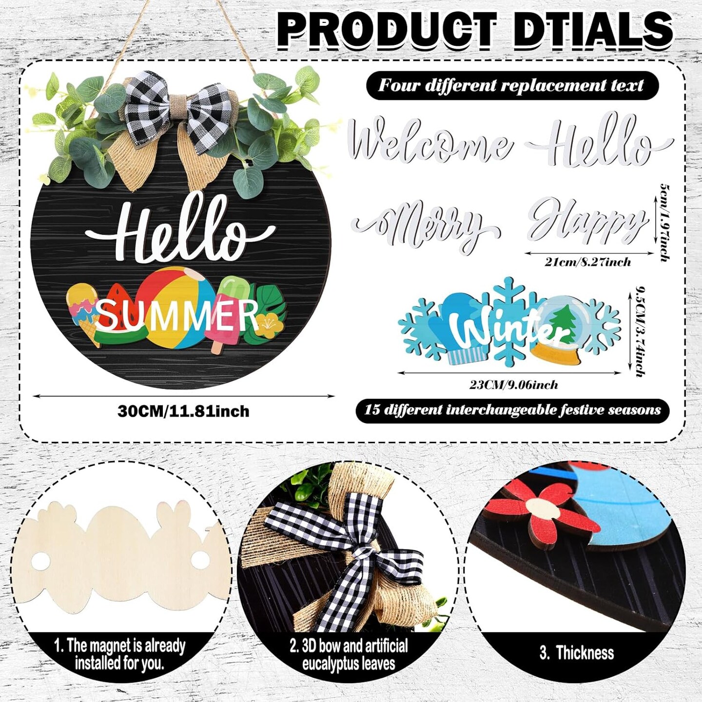 Interchangeable Wooden Seasonal Hello Sign Rustic Round Seasonal Wreaths